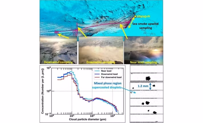 Nghiên cứu của các chuyên gia chỉ ra các "kẽ hở" băng biển - tức những vết nứt làm lộ nước biển ra không khí - đang kết hợp với khí thải công nghiệp để làm thay đổi tính chất hóa học của bầu khí quyển. Ảnh: Bulletin of the American Meteorological Society 106, 11.