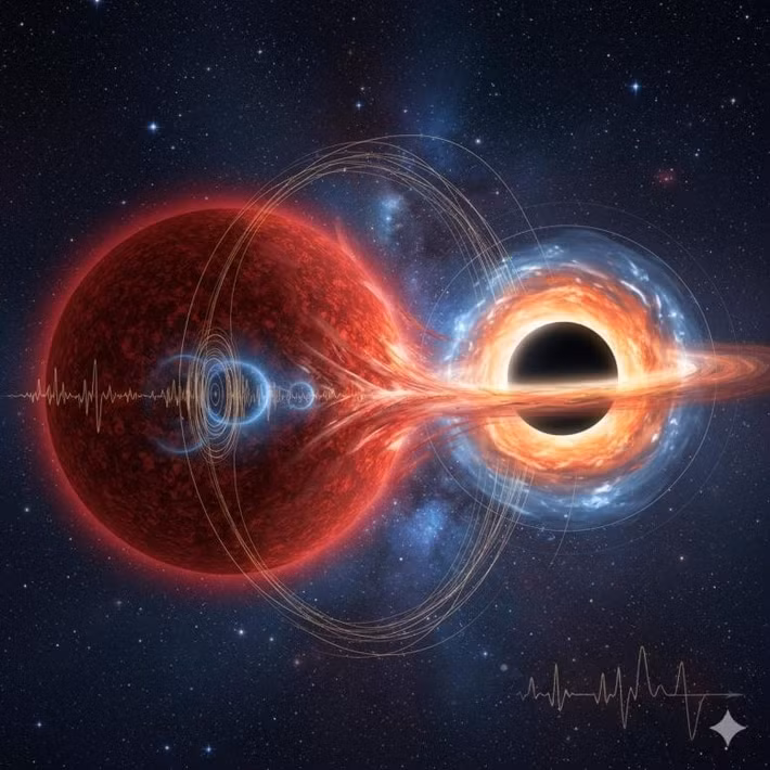 Khi "kẻ phá đám" thứ hai di chuyển ra xa, hệ thống mới quay trở lại trạng thái mờ dần như quy luật tự nhiên. Đến thời điểm hiện tại, đây là lời giải thích thuyết phục nhất về nguồn phát tia X mang tên XID 925. Nếu thông tin này được xác nhận là chính xác thì đây sẽ trở thành sự kiện gián đoạn thủy triều trong hệ lỗ đen đôi xa nhất từng được con người ghi nhận. Ảnh: ESO/L. Calçada/Space Engine.