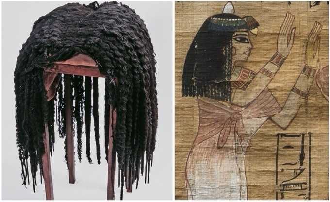 Nhà khảo cổ Ernesto Schiaparelli cho hay bộ tóc giả, được làm từ tóc người màu nâu sẫm, vẫn còn sáng bóng nhờ các loại dầu thơm đã được thoa lên nó vào hơn 3.000 năm trước khi tìm thấy. Ảnh: Egypt Museum/X.