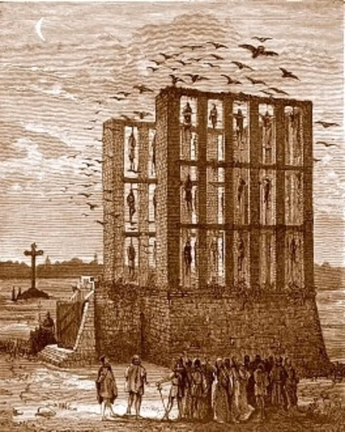 Giá treo cổ công cộng thường được đặt ở cổng thành hoặc ngã tư đường - những nơi dễ quan sát nhất. Vị trí của công trình ở Grenoble tại lối vào phía bắc sẽ đảm bảo rằng các thương nhân, người hành hương và những du khách khác sẽ chứng kiến ​​hậu quả của việc thách thức chính quyền địa phương hoặc tôn giáo. Ảnh: r/ChristopherNolan/reddit.