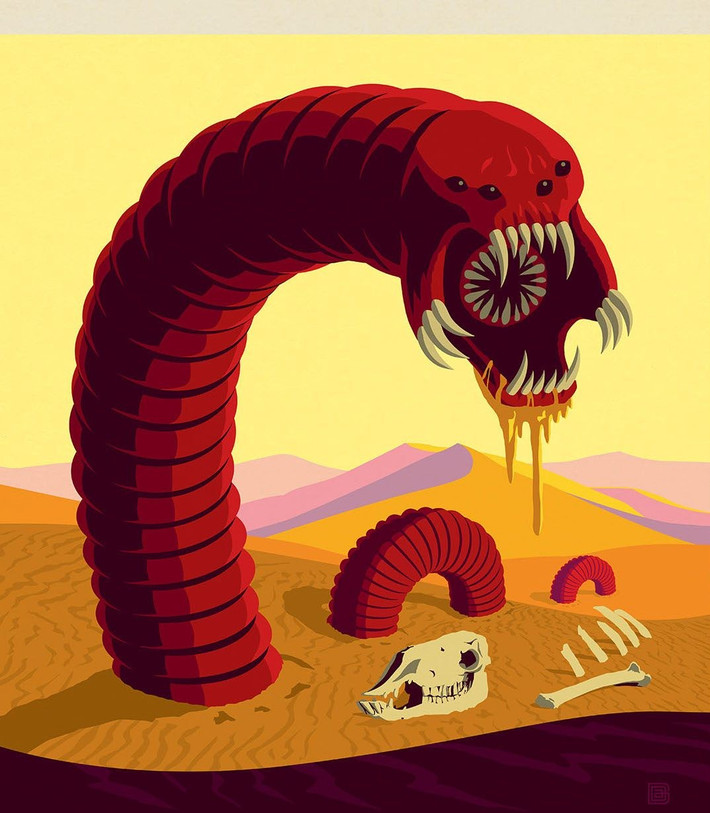 Trong khi đó, một số thanh niên khỏe mạnh, dũng cảm đã cùng nhau tổ chức cuộc săn lùng giun tử thần Mông Cổ với hy vọng sẽ tiêu diệt được sinh vật đáng sợ gieo rắc nỗi ám ảnh kinh hoàng cho người dân. Ảnh: Licensed by ADGstore.com. Illustration by Aaron Johnson and Joel Anderson.