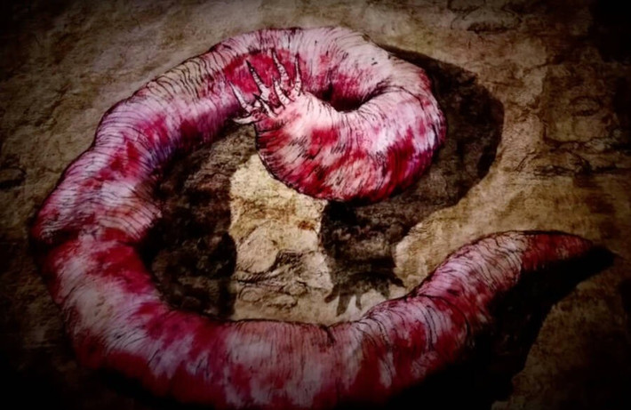 Giun tử thần Mông Cổ có cơ thể màu đỏ như máu, gai nhọn nhô ra ở hai đầu. Ảnh: Animal Planet/YouTube.