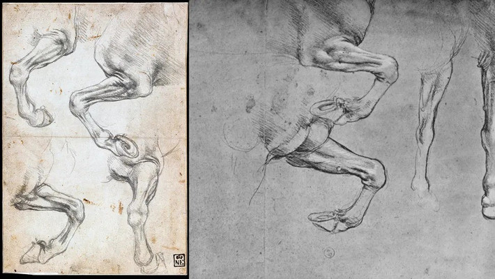 Theo các chuyên gia, mẫu ADN này được thu thập từ một bản phác thảo bằng phấn đỏ mang tên "Holy Child". Dấu vết ADN này cho thấy những điểm tương đồng với vật liệu di truyền lấy từ một bức thư được viết vào những năm 1400 bởi Frosino di ser Giovanni da Vinci - anh họ của ông nội họa sĩ Leonardo. Ảnh: VCG Wilson/Corbis (left) and Print Collector (right) via Getty Images.