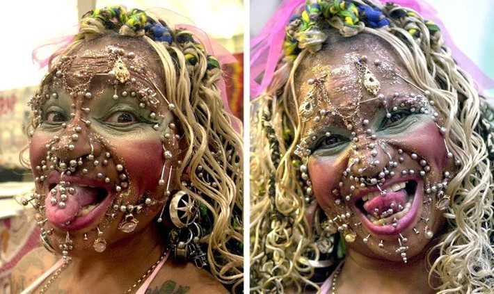 Elaine Davidson xỏ khuyên lần đầu tiên vào tháng 1/1997. Tính đến ngày 8/6/2006, cô đã xỏ tổng cộng 4.225 lần. Theo đó, cô trở thành người phụ nữ xỏ nhiều khuyên nhất thế giới. Ảnh: East News.