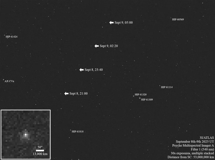 Sao chổi 3I/ATLAS được phát hiện lần đầu tiên vào ngày 1/7 và là vật thể liên sao thứ 3 được biết đến đi qua Hệ Mặt trời. Ảnh: NASA/JPL-Caltech/ASU.