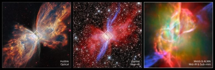 Theo các nhà thiên văn học, hình ảnh tinh vân hình con bướm hiện lên duyên dáng và hùng vĩ. NGC 6302 là một tinh vân nằm cách Trái đất 2.417 năm ánh sáng trong chòm sao Thiên Yết. Ảnh: ESA/Webb, NASA &amp; CSA, M. Matsuura, J. Kastner, K. Noll, ALMA (ESO/NAOJ/NRAO), N. Hirano, J. Kastner, M. Zamani (ESA/Webb).