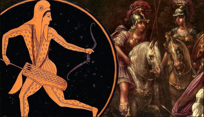 Nền văn hóa Pazyryk là một nhóm người du mục thời Đồ sắt có quan hệ với người Scythia. Họ phát triển mạnh mẽ ở cao nguyên Ukok thuộc Cộng hòa Altai ở miền nam Siberia. Các ngôi mộ của người Pazyryk nổi tiếng nhờ sự bảo tồn xuất sắc các di vật hữu cơ trong lớp băng vĩnh cửu, bao gồm cả xác ướp "Công chúa Ukok" - người có những hình xăm được bảo tồn hoàn hảo trong hơn 2.000 năm. Ảnh: The British Museum, London; with Departure of the Amazons, Claude Déruet, c. 1620s, MET Museum, New York.