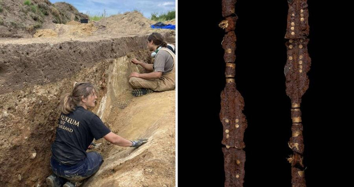 Vì vậy, 2 thanh giáo là hiện vật bằng sắt cổ nhất từng được phát hiện ở Đan Mạch. Mặc dù bị ăn mòn nặng nhưng các chi tiết khảm vàng vẫn còn nhìn thấy được dọc theo lưỡi và phần cán của 2 ngọn giáo. Ảnh: Museum Vestsjælland.