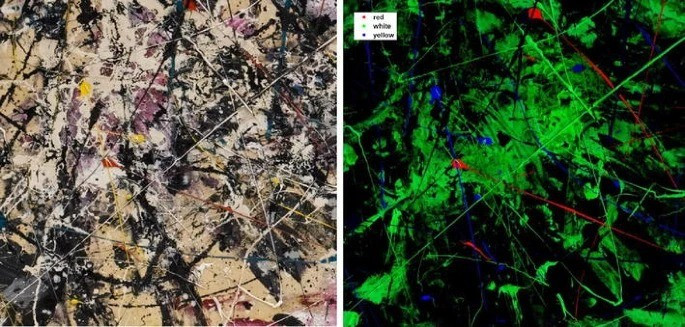 Bức tranh "Number 1A, 1948" của danh họa Pollock rộng 2,7m. Tác phẩm hội họa sống động, nhiều màu sắc và hỗn loạn này còn được ông để lại dấu ấn cá nhân bằng cách thêm dấu tay của mình gần góc trên bên phải, giống như chữ ký. Ảnh: nature.