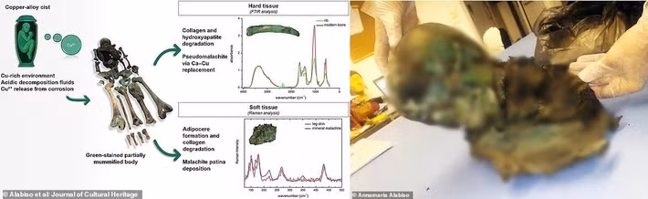 Mới đây, một nhóm chuyên gia thông tin đã tìm ra nguyên nhân khiến thi hài thiếu niên gần như hoàn toàn chuyển sang màu xanh lá cây. Ảnh: Alabiso el al/Journal of Cultural Heritage/Annamaria Alabiso.