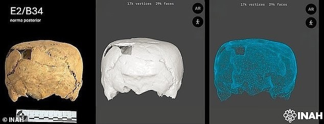 Theo các chuyên gia từ Viện Nhân chủng học và Lịch sử Quốc gia (INAH), hộp sọ giống hình khối lập phương thuộc về một người đàn ông qua đời khi trên 40 tuổi. Người này sống ở Mexico trong khoảng thời gian từ năm 400 - 900. Ảnh: INAH.