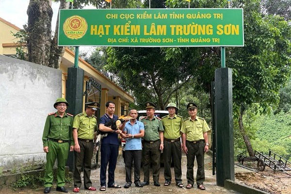 Cá thể chim hồng hoàng này nặng khoảng 2 kg, đã bay vào vườn nhà ông Võ Xuân Quốc, trú tại thôn Long Sơn, xã Trường Sơn sau cơn mưa lớn. Ảnh: Pháp luật Việt Nam.