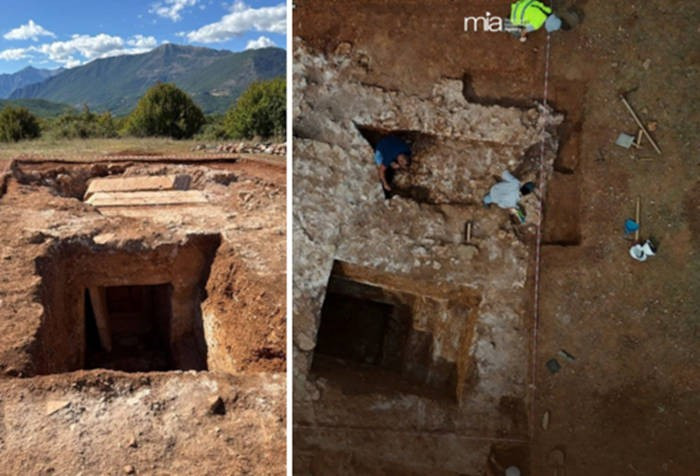 Phát hiện quan trọng nhất là dòng chữ song ngữ khắc trên phiến đá vôi giúp các chuyên gia xác định danh tính của người quá cố là Gelliano - một cái tên đặc trưng của thời kỳ La Mã. Bên trong mộ cổ có hình ảnh thần Jupiter - vị thần tối cao của đền thờ La Mã. Ảnh: Blendi Gonxhja/MIA.