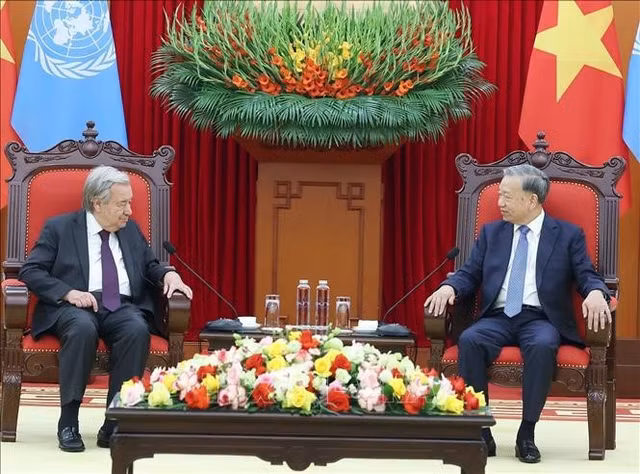 Tổng Bí thư Tô Lâm tiếp Tổng Thư ký Liên Hợp Quốc António Guterres. Ảnh: Thống Nhất/TTXVN