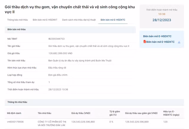 Dak Lak: Duy nhat 1 DN tham gia goi thau dich vu cong ich gan 127 ty