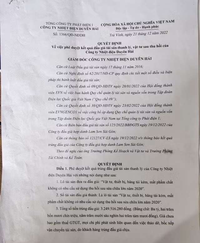Công ty Nhiệt điện Duyên Hải tổ chức đấu giá rồi lật kèo? - Hình 2 Cong ty Nhiet dien Duyen Hai to chuc dau gia roi lat keo?-Hinh-2