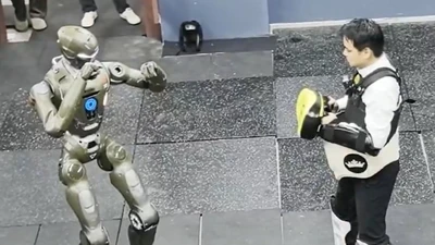 Để chứng minh, CEO Zhao Tongyang mặc đồ bảo hộ và để T800 đá văng xuống đất.