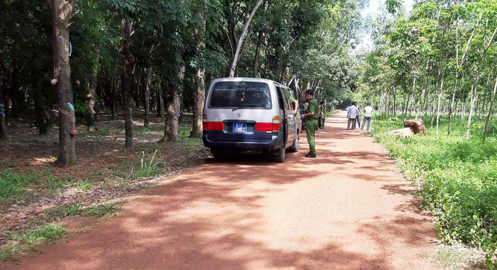 Công an sau đó vào khu vực rừng cao su gần hiện trường để truy tìm dấu. Lực lượng cảnh sát điều tra do Đại tá Trần Văn Chính, Phó Giám đốc Công an tỉnh Bình Dương, chỉ huy tiếp tục vào khu vực rừng cao su (gần hiện trường) để tìm các dấu vết, manh mối phá án. Nhiều bụi rậm, thảm cỏ, mảng lá khô trong rừng cao su được các điều tra viên kiểm tra rất kỹ. vết. Nguồn: Dân Việt