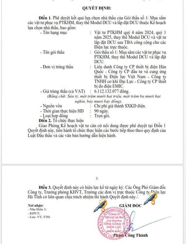 Một phần trong Quyết định phê duyệt KQLCNT Gói thầu Gói thầu số 1: Mua sắm các vật tư phục vụ PTKHM, thay thế Modul DCU và lắp đặt DCU. (Nguồn: MSC) anh-3.jpg
