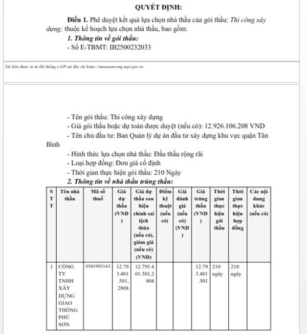 Một phần trong Quyết định phê duyệt KQLCNT Gói thầu Thi công xây dựng, thuộc dự án Cải tạo, nâng cấp cụm hẻm 133, 185 Ni Sư Huỳnh Liên; 572, 536/11, 536/43 Âu Cơ và các hẻm nhánh, phường 10, quận Tân Bình. (Nguồn MSC) tanbinh-1.jpg