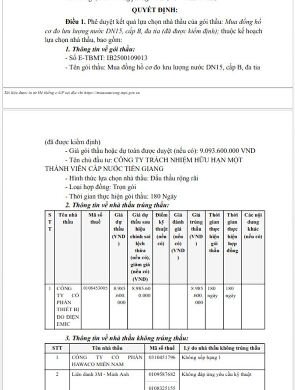 Một phần trong Quyết định phê duyệt KQLCNT Gói thầu Mua đồng hồ cơ đo lưu lượng nước DN15, cấp B, đa tia (đã được kiểm định), thuộc dự toán mua sắm hàng hóa đợt VII/2025. (Nguồn: MSC) anh-2.jpg