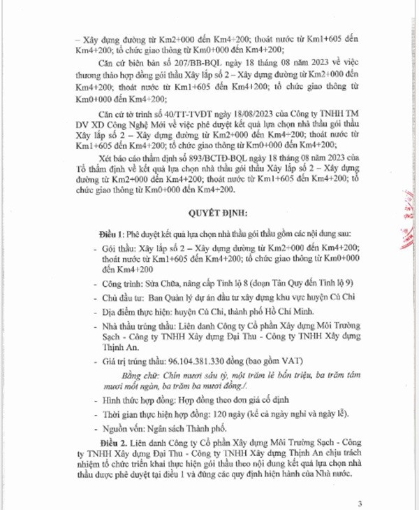 Một phần trong quyết định phê duyệt KQLCNT gói thầu xây lắp số 2: Xây dựng đường từ Km2+000 đến Km4+200; thoát nước từ Km1+605 đến Km4+200. (Nguồn: MSC) cuchi-3.jpg