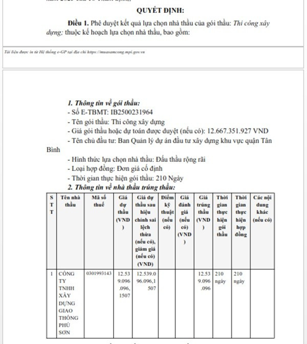 Một phần trong Quyết định phê duyệt KQLCNT Gói thầu Thi công xây dựng, thuộc dự án Cải tạo, nâng cấp đường Quảng Hiền, hẻm 250 Bàu Cát, hẻm 32 Phan Sào Nam, đoạn đường Sơn Hưng và các hẻm nhánh, phường 11, quận Tân Bình. (Nguồn MSC) tanbinh-2.jpg