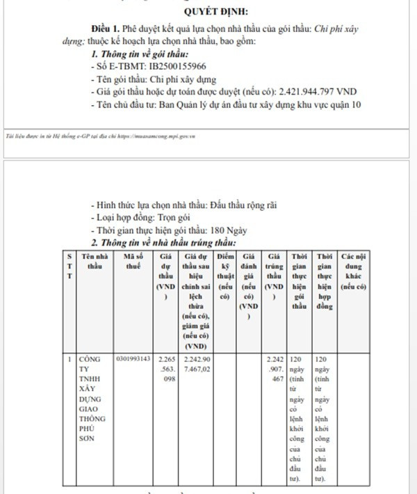 Một phần trong quyết định phê duyệt KQLCNT Gói thầu Chi phí xây dựng, thuộc dự án Mở rộng hẻm 525 đường Tô Hiến Thành, phường 14, quận 10. (Nguồn: MSC) tanbinh-3.jpg