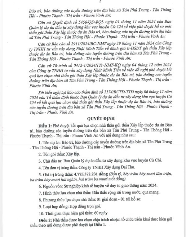 Một phần trong quyết định phê duyệt KQLCNT gói thầu xây lắp, thuộc dự án Bảo trì, bảo dưỡng các tuyến đường trên địa bàn xã Tân Phú Trung - Tân Thông Hội - Phước Thạnh - Thị trấn - Phước Vĩnh An. (Nguồn: MSC) cuchi-2.jpg