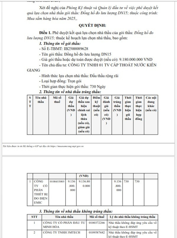 Một phần trong Quyết định phê duyệt KQLCNT gói thầu Đồng hồ đo lưu lượng DN15, thuộc dự toán mua sắm hàng hóa năm 2025; Hạng mục: Đồng hồ đo lưu lượng DN15 + Van góc đồng DN15. (Nguồn: MSC) anh-1.jpg