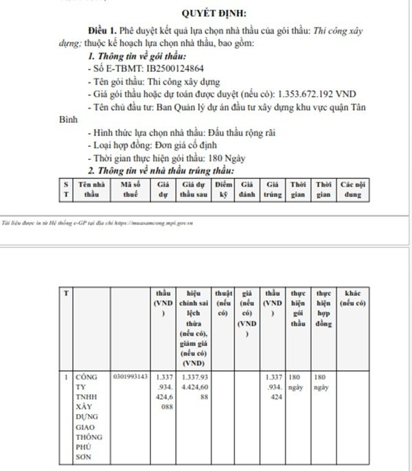 Một phần trong quyết định phê duyệt KQLCNT Gói thầu Thi công xây dựng, thuộc dự án Cải tạo, nâng cấp hẻm 956 đường Âu Cơ, phường 14, quận Tân Bình. (Nguồn: MSC) tanbinh-4.jpg