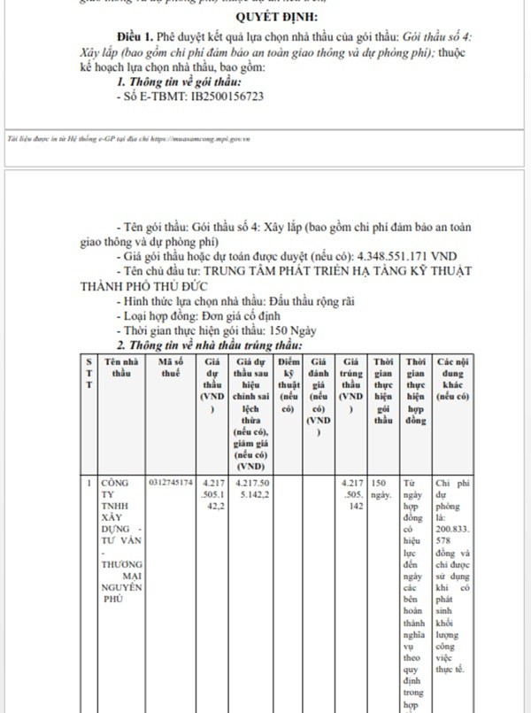 Một phần trong quyết định phê duyệt KQLCNT Gói thầu số 4: Xây lắp (bao gồm chi phí đảm bảo an toàn giao thông và dự phòng phí), thuộc dự án Nâng cấp Đường số 2, phường Linh Đông. (Nguồn: MSC) linhdong-1.jpg