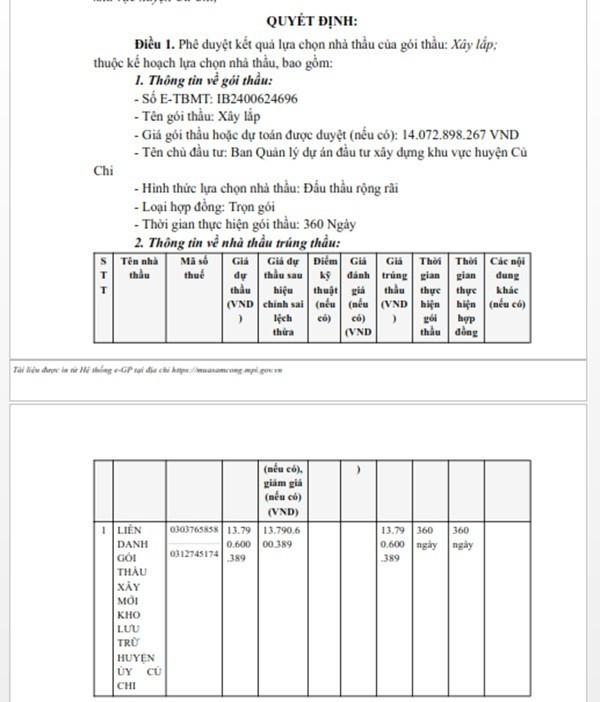 Một phần trong quyết định phê duyệt KQLCNT Gói thầu Xây lắp, thuộc dự án Xây dựng mới Kho lưu trữ Huyện ủy Củ Chi. (Nguồn: MSC) linhdong-3.jpg