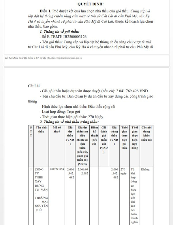 Một phần trong quyết định phê duyệt KQLCNT Gói thầu Cung cấp và lắp đặt hệ thống chiếu sáng cầu vượt rẽ trái từ Cát Lái đi cầu Phú Mỹ, cầu Kỳ Hà 4 và tuyến nhánh rẽ phải từ cầu Phú Mỹ đi Cát Lái. (Nguồn: MSC) linhdong-2.jpg