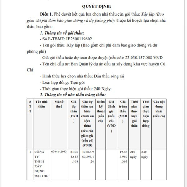 Một phần trong quyết định phê duyệt KQLCNT gói thầu xây lắp (Bao gồm chi phí đảm bảo giao thông và dự phòng phí), thuộc dự án Cải tạo, sửa chữa đường số 67 ấp Giữa (Đường Quốc lộ 22 - Lê Thị Sắc); ấp Giữa. (Nguồn: MSC) cuchi-1.jpg