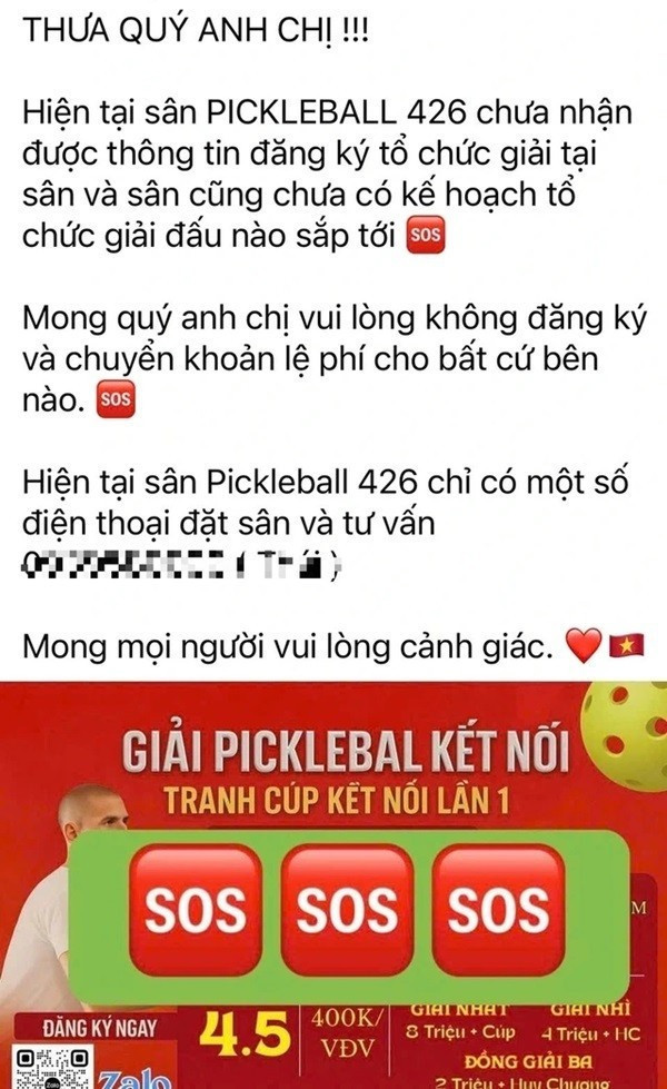 Một chủ sân pickleball phải lên tiếng cảnh báo vì bị kẻ lừa đảo mạo danh tổ chức giải đấu “ma”. Ảnh chụp màn hình pic-2.jpg