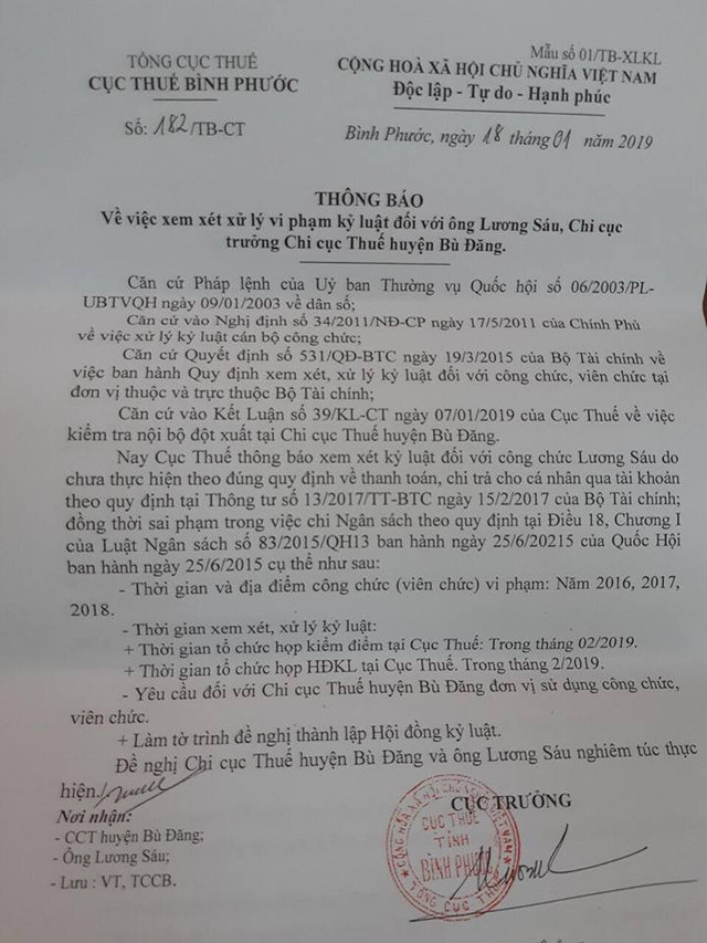 Xem xét kỷ luật Chi cục trưởng thuế Bình Phước do ăn chặn tiền nhân viên - Hình 2 Xem xet ky luat Chi cuc truong thue Binh Phuoc do an chan tien nhan vien-Hinh-2