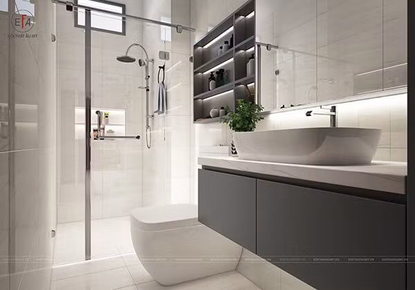 Sử dụng quạt thông gió để phòng tắm luôn khô thoáng. Tốt nhất không sử dụng thảm trong phòng ẩm hay phòng tắm. Nếu sử dụng cần giặt và lau khô thường xuyên. Thời điểm độ ẩm cao nên dùng điều hòa hoặc máy hút ẩm để cân bằng độ ẩm trong mức 30-50%. Ảnh: Nội thất Âu Mỹ.