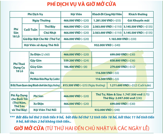Bảng giá tại sân golf Harmonie Golf Park.