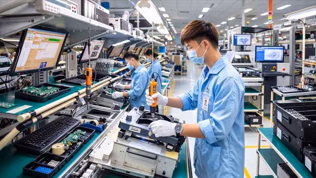 Công nhân Công ty TNHH Datalogic Việt Nam (Khu Công nghệ cao TP.Hồ Chí Minh) làm việc trên dây chuyền sản xuất thiết bị điện tử (ẢNH: HOÀNG HÙNG)