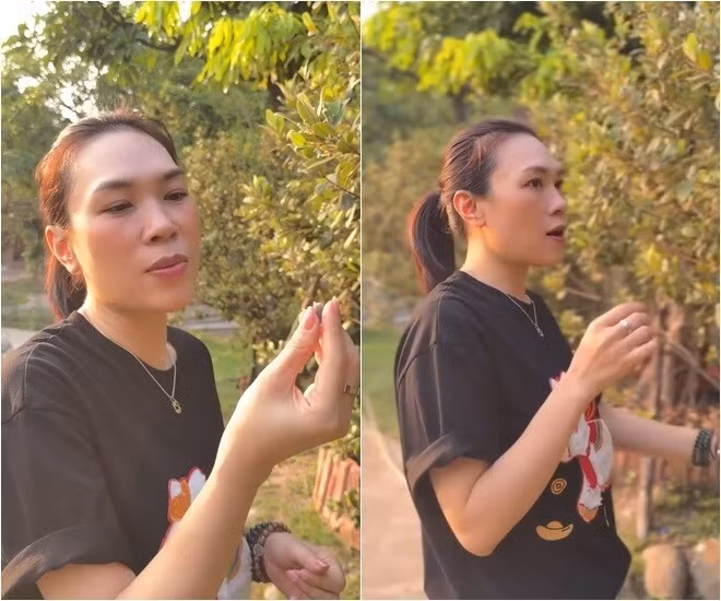 Nữ ca sĩ thưởng thức trái sim chín ngay tại vườn. Ảnh chụp màn hình