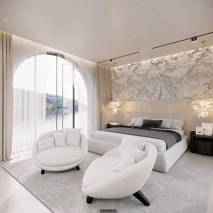 Phòng ngủ thoáng đãng, có view hồ mát mẻ. Ảnh: FBNV