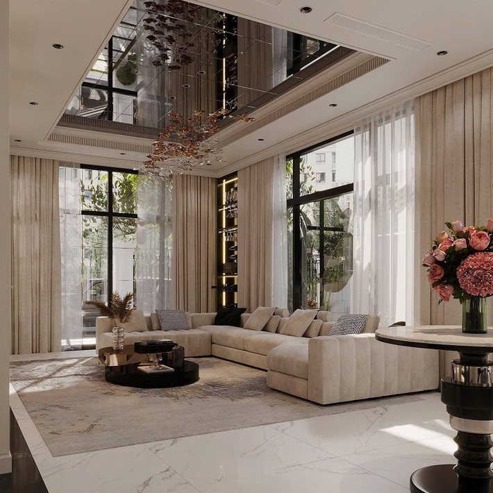 Điểm nhấn là trần nhà ốp gương tạo chiều sâu và hệ cửa kính lớn giúp đón ánh sáng tự nhiên. Ảnh: FB Nguyễn Thành Chung