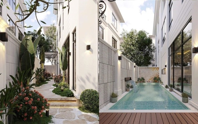 Sân vườn, bể bơi thiết kế hai bên hông nhà. Ảnh: FB Nguyễn Thành Chung