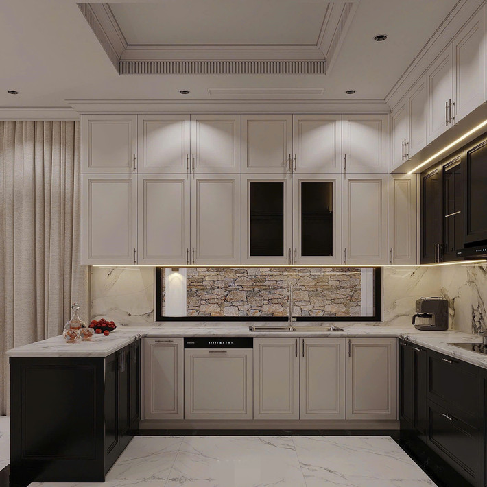 Khu bếp với tông màu trắng - đen chủ đạo. Ảnh: FB Nguyễn Thành Chung