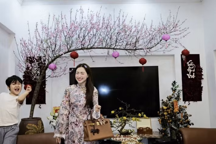 Ngoài cành đào, phòng khách còn bài trí nhiều cây cảnh đón xuân khác. Ảnh: FBNV