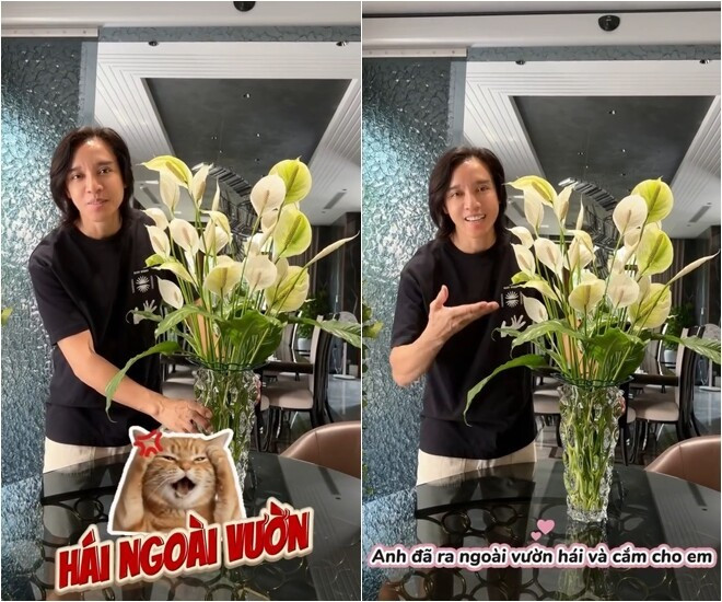 Mới đây, nghệ sĩ Việt Hương chia sẻ hình ảnh chồng tự tay ra vườn hái hoa rồi cắm thành bình tặng vợ. Ảnh: Chụp màn hình