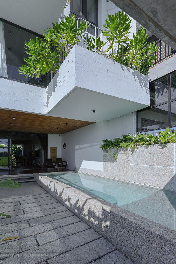 Tầng trệt bố trí các không gian mở liên tục, có tính kết nối như: hiên nhà, hồ bơi, khu vườn nhỏ trước sau, khách và bếp, tạo ra sự lưu thông không khí từ cánh đồng vào nhà và thoát ra sau vườn. Ảnh: Sukha Studio.