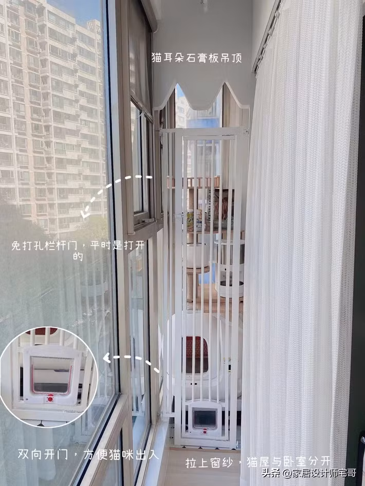 Khu vực ban công được cải tạo thành không gian riêng cho mèo. Ảnh: Tóutiáo