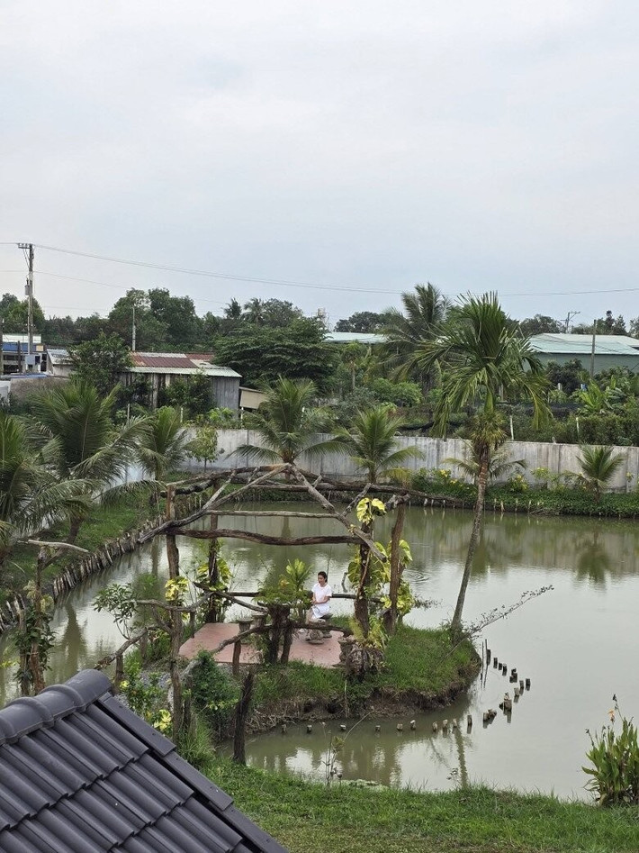 Ao cá rộng hơn 1.000 m2 với nhiều loại cá tự nhiên từ sông bơi vào. Ảnh: FBNV